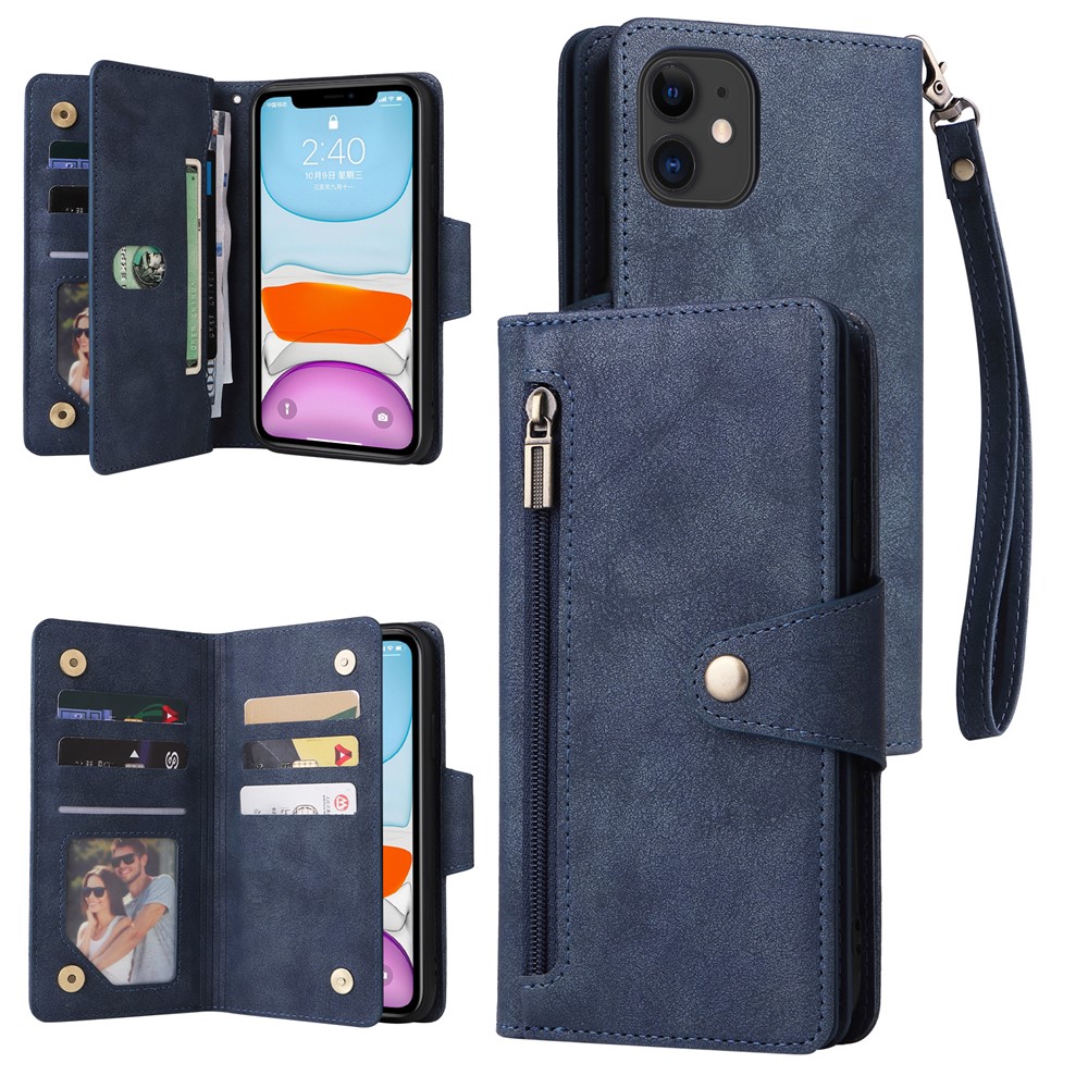 For iPhone 11 Case PU Leather Stand Phone Cover with Rivet Decor - Blue