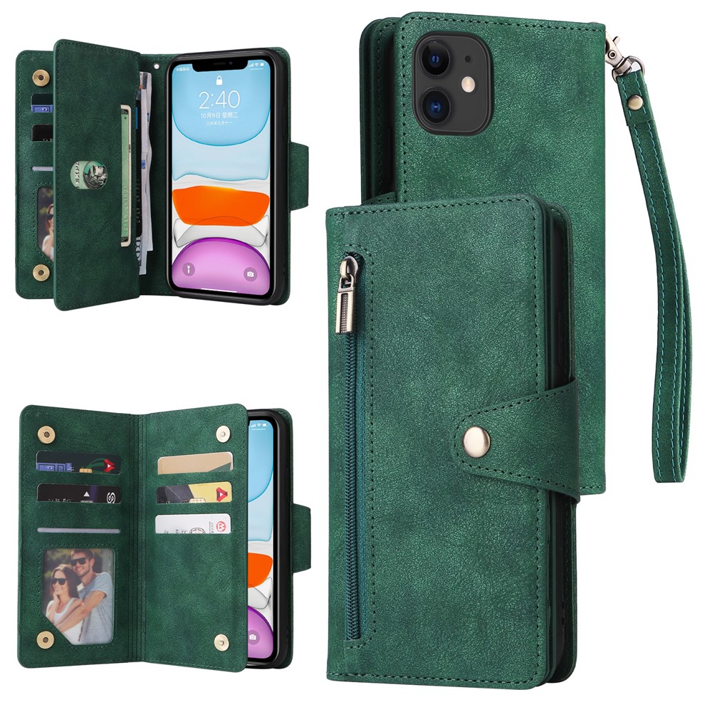 For iPhone 11 Case PU Leather Stand Phone Cover with Rivet Decor - Green