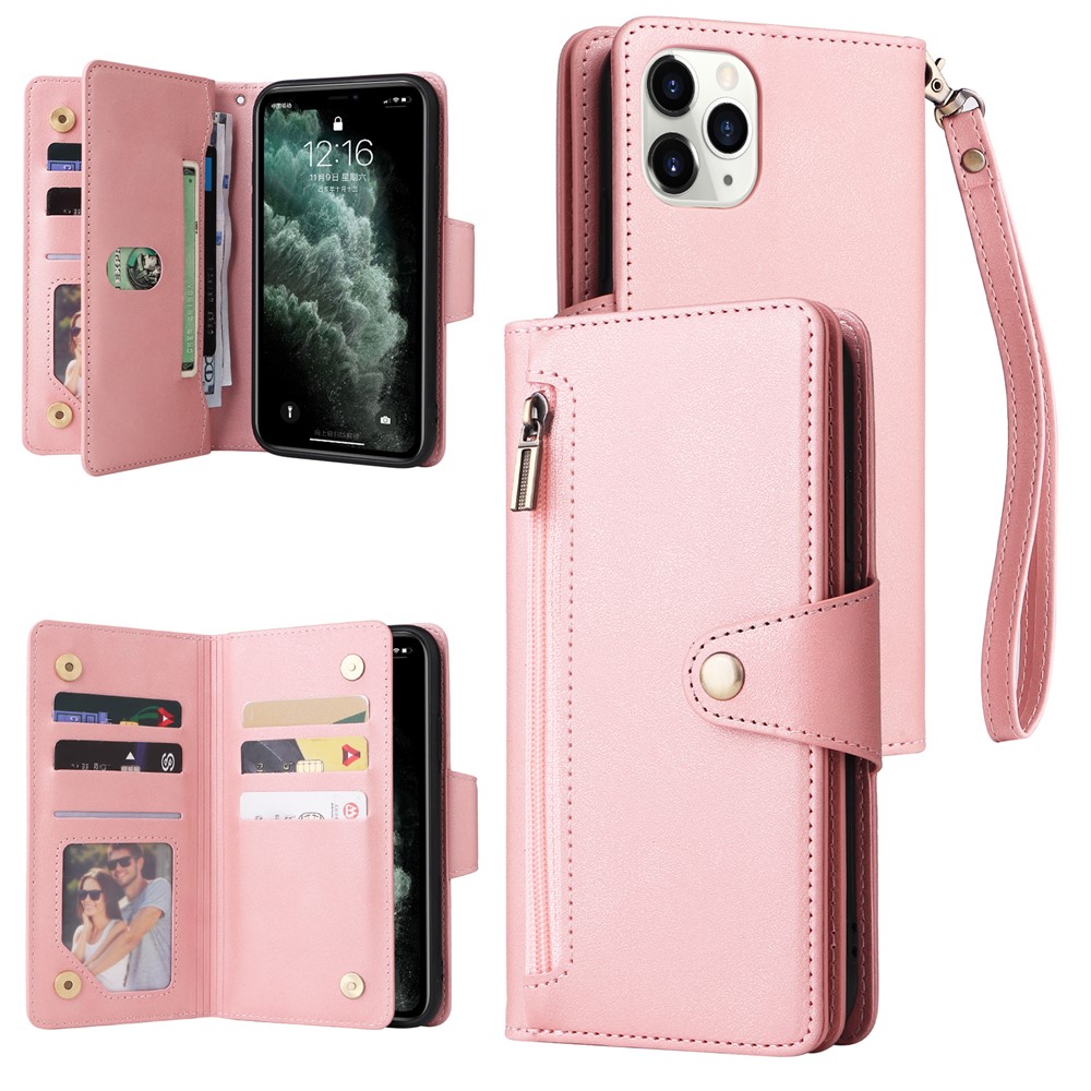 For iPhone 11 Pro Case PU Leather Rivet Decor Stand Flip Phone Cover Wallet - Rose Gold