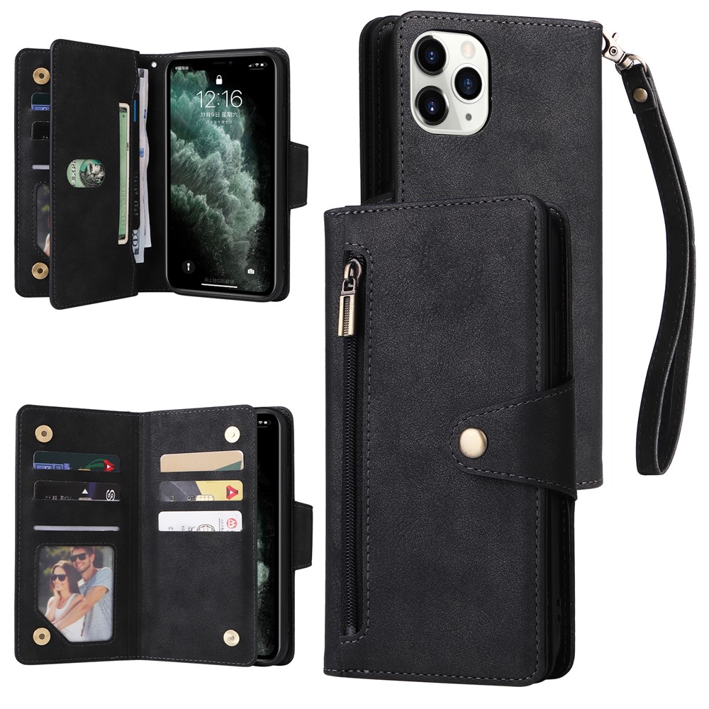For iPhone 11 Pro Case PU Leather Rivet Decor Stand Flip Phone Cover Wallet - Black