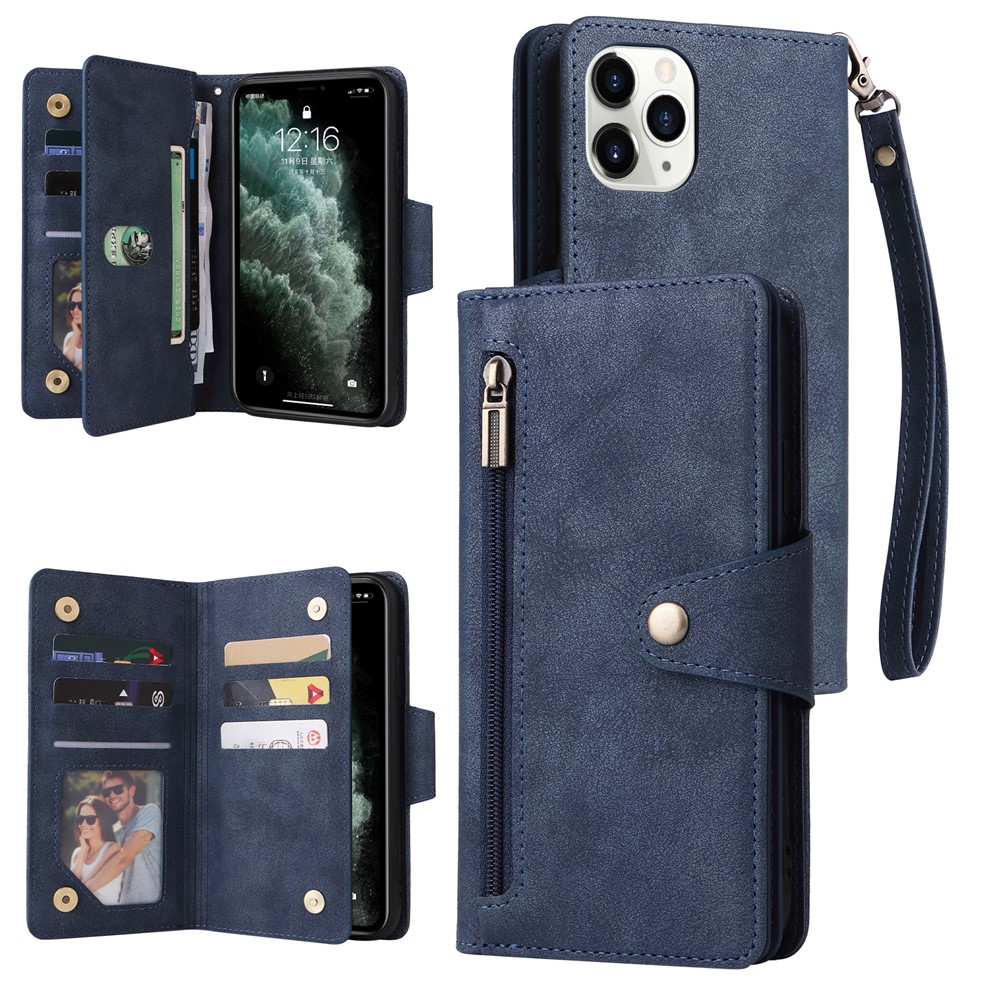 For iPhone 11 Pro Case PU Leather Rivet Decor Stand Flip Phone Cover Wallet - Blue