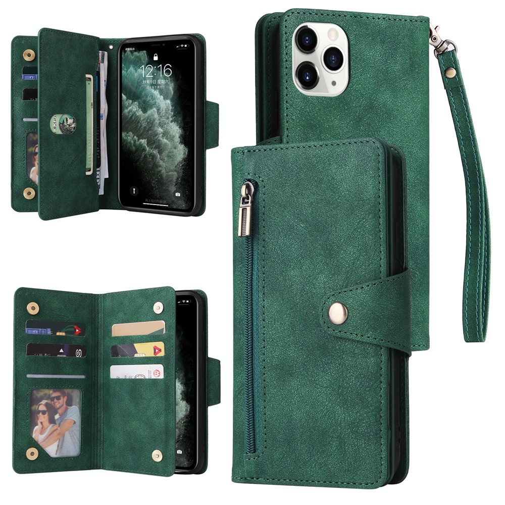 For iPhone 11 Pro Case PU Leather Rivet Decor Stand Flip Phone Cover Wallet - Green