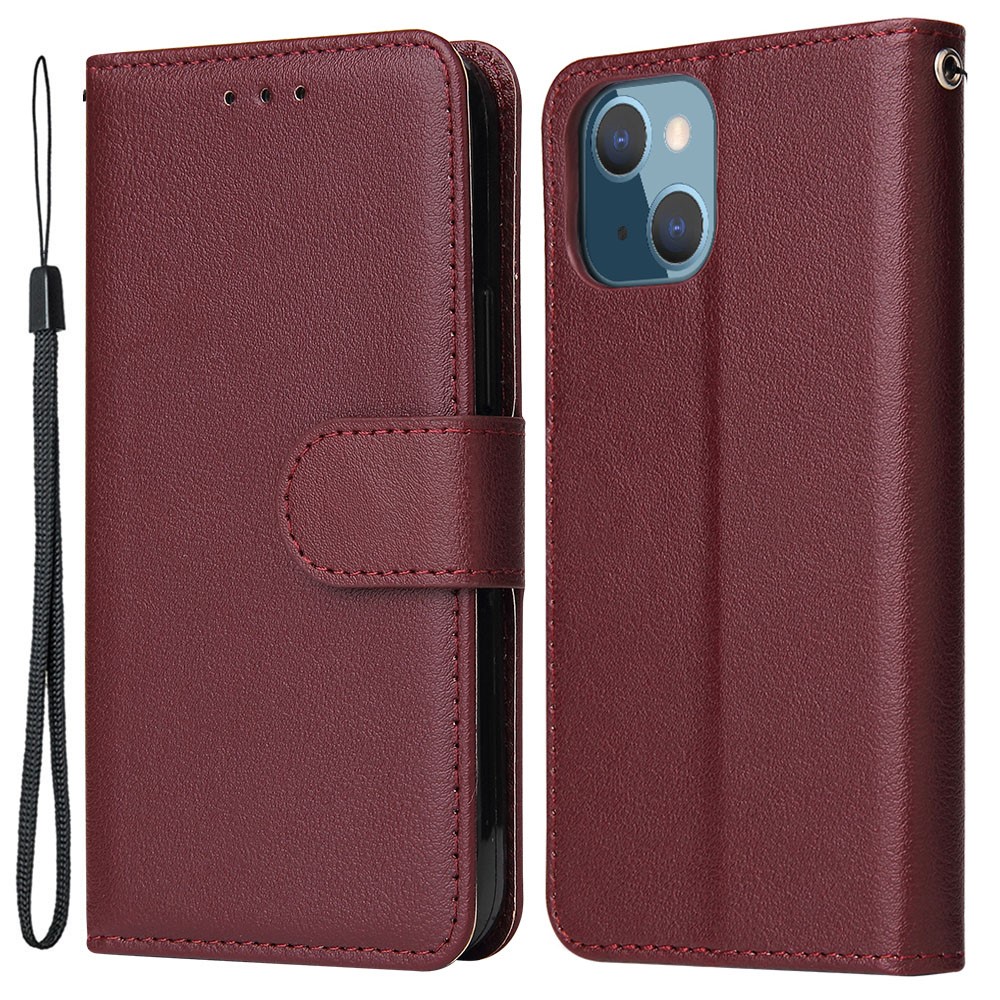 For iPhone 13 mini Case PU Leather Phone Cover with Card Slots Wallet - Wine Red
