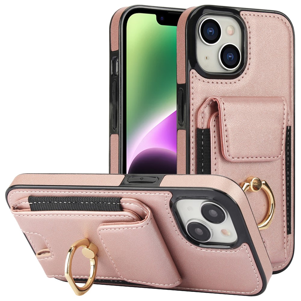 For iPhone 14 Plus Case PU+TPU Kickstand Card Holder Phone Cover - Rose Gold