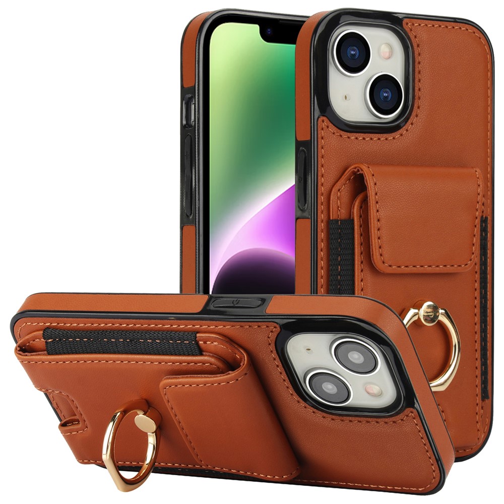For iPhone 14 Plus Case PU+TPU Kickstand Card Holder Phone Cover - Brown