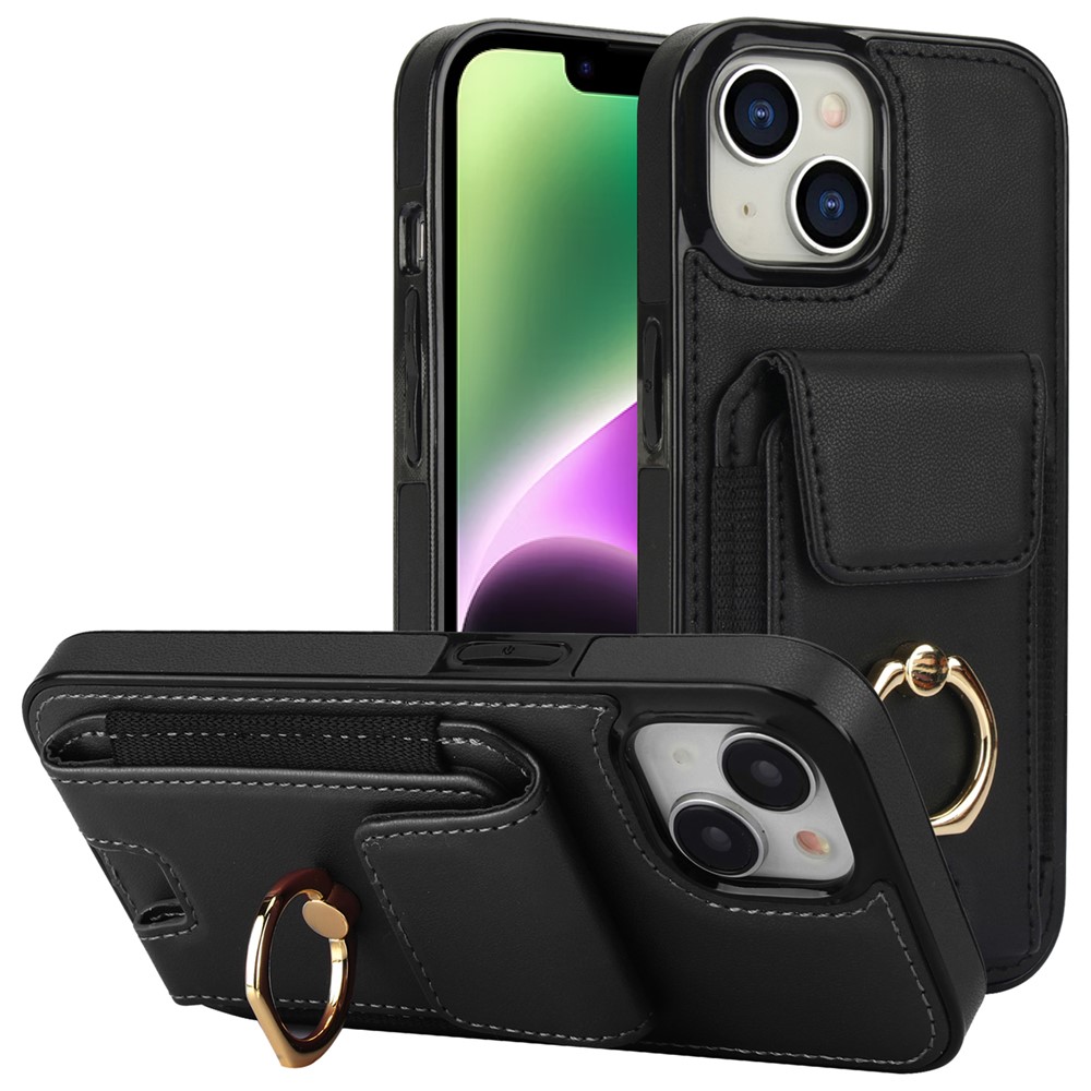 For iPhone 14 Plus Case PU+TPU Kickstand Card Holder Phone Cover - Black