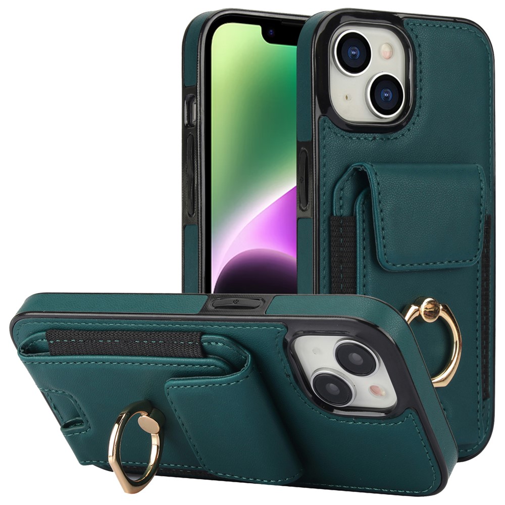 For iPhone 14 Plus Case PU+TPU Kickstand Card Holder Phone Cover - Green