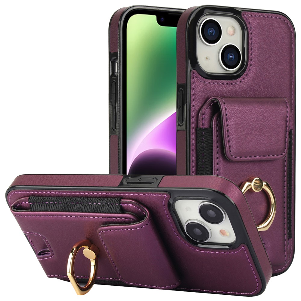 For iPhone 14 Plus Case PU+TPU Kickstand Card Holder Phone Cover - Purple
