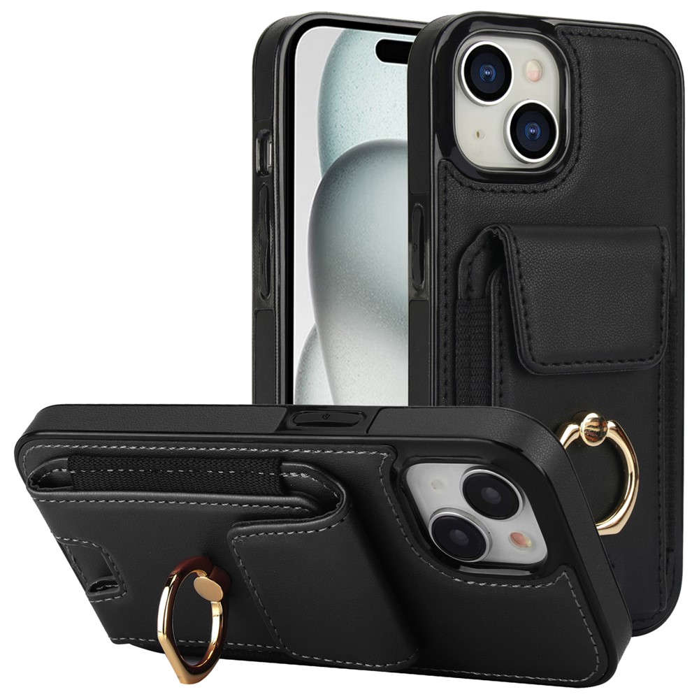 For iPhone 15 Plus Kickstand Case Drop-proof PU Leather+TPU Phone  Protector - Black