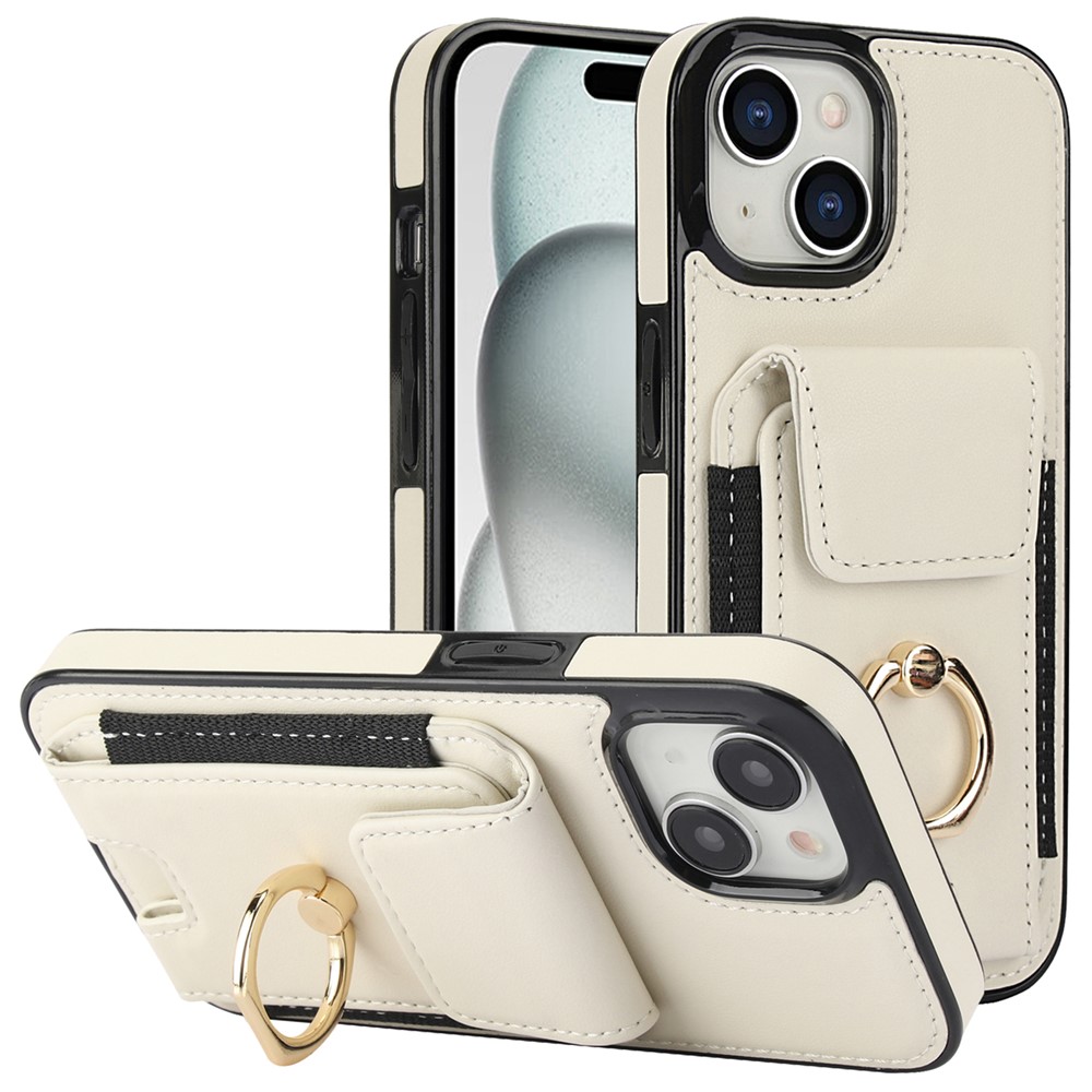 For iPhone 15 Plus Kickstand Case Drop-proof PU Leather+TPU Phone  Protector - Apricot