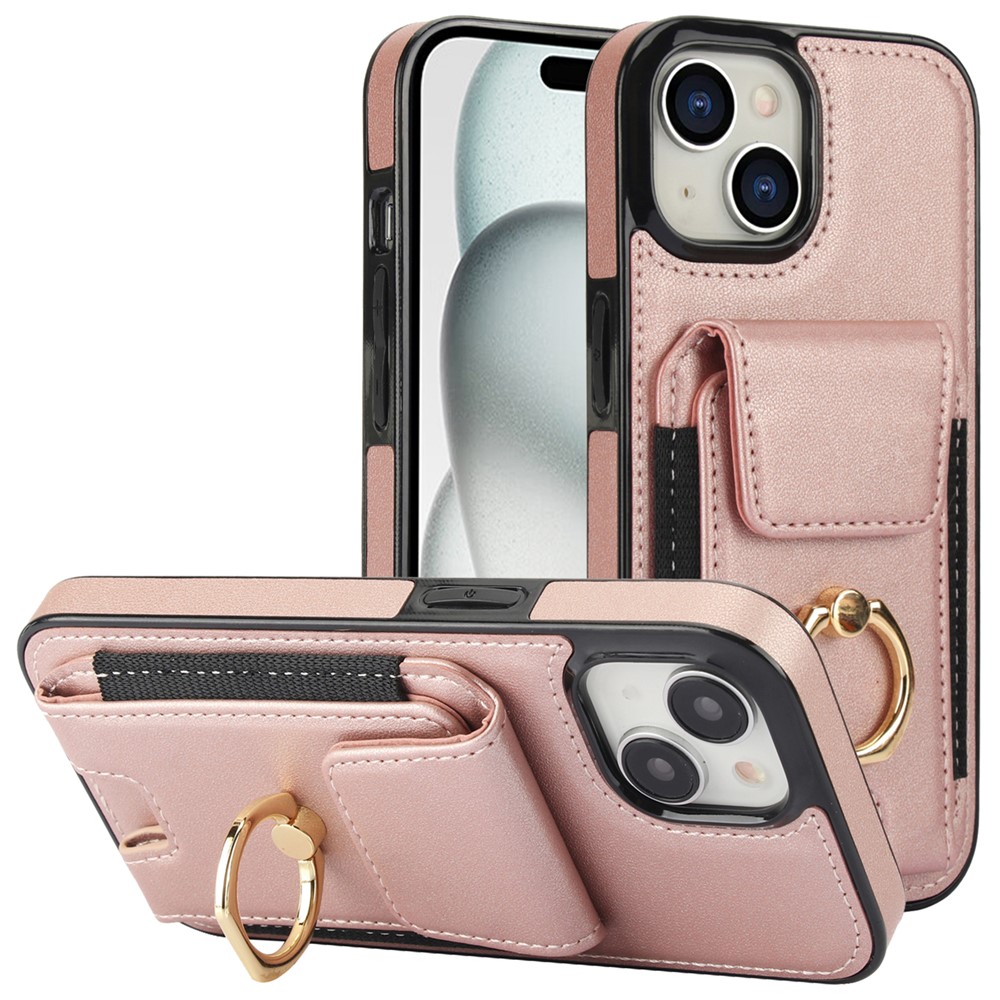 For iPhone 15 Plus Kickstand Case Drop-proof PU Leather+TPU Phone  Protector - Rose Gold