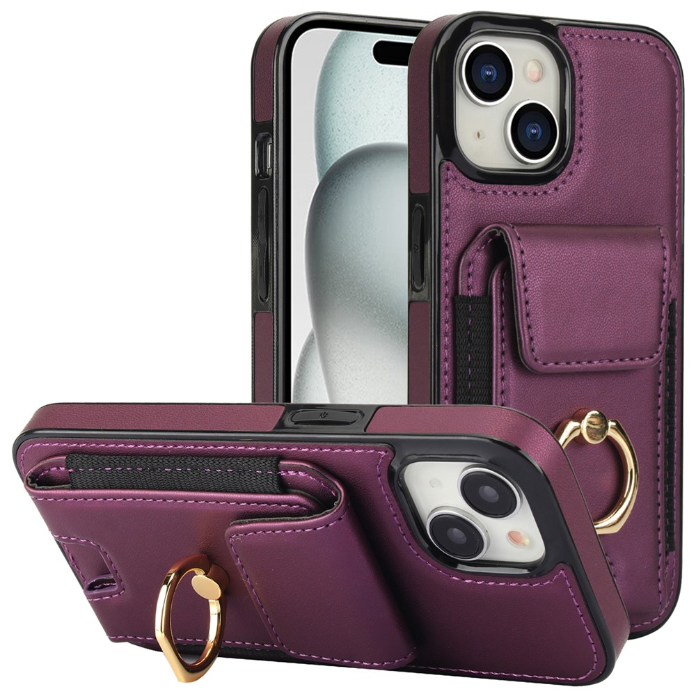 For iPhone 15 Plus Kickstand Case Drop-proof PU Leather+TPU Phone  Protector - Purple