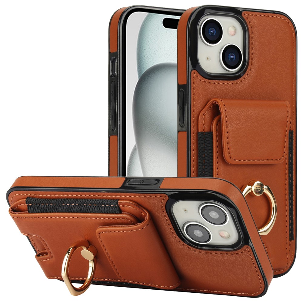 For iPhone 15 Plus Kickstand Case Drop-proof PU Leather+TPU Phone Protector - Brown