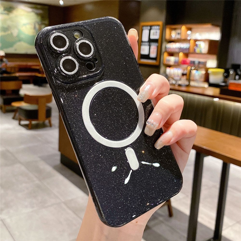 For iPhone 13 Pro Max Case Glitter Powder Flexible TPU Phone Cover Compatible with MagSafe - Black