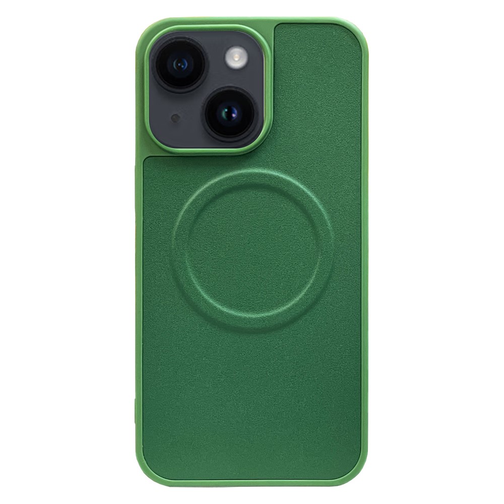 For iPhone 15 Plus Case PU Leather Coated TPU Protective Magnetic Phone Cover - Green