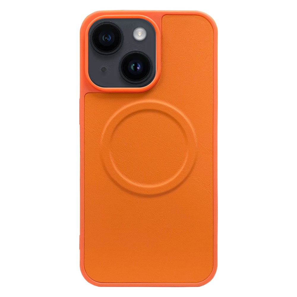 For iPhone 15 Plus Case PU Leather Coated TPU Protective Magnetic Phone Cover - Orange