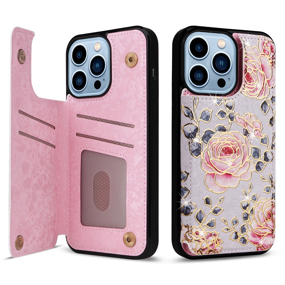 For iPhone 13 Pro Max Case Kickstand Card Slots Anti-Dorp Phone Shell - Rose