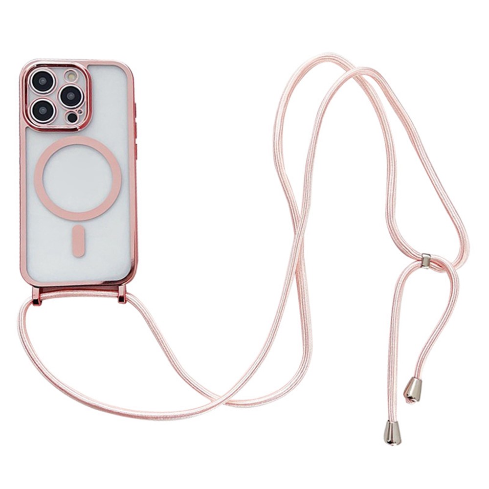 For iPhone 13 Pro Max Electroplating Case TPU Magnetic Phone Cover with Crossbody Strap - Rose Gold