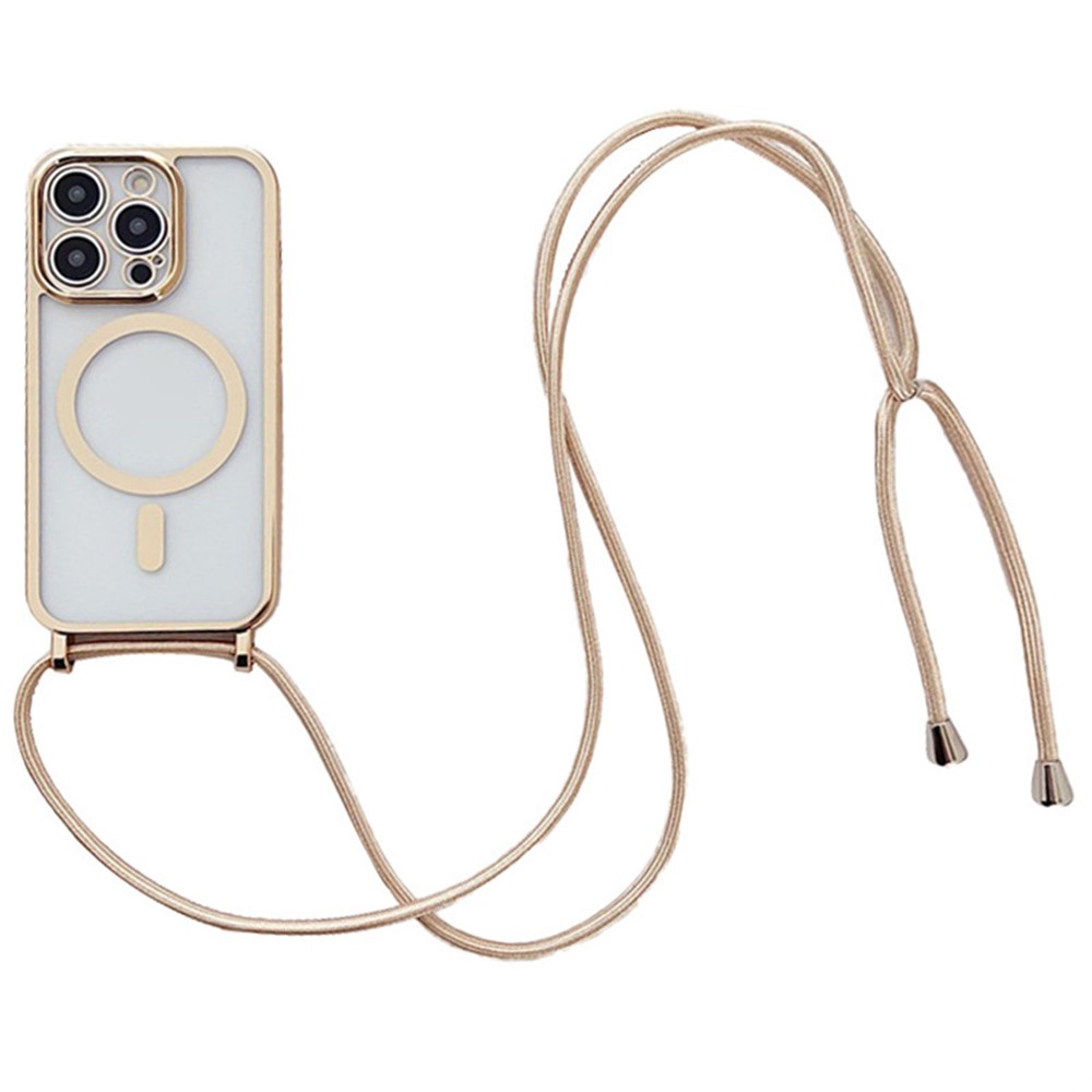 For iPhone 13 Pro Max Electroplating Case TPU Magnetic Phone Cover with Crossbody Strap - Gold