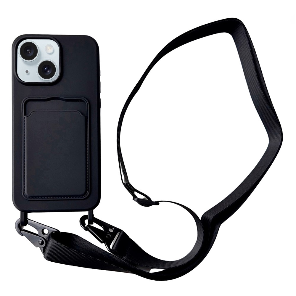 For iPhone 15 Plus Crossbody Lanyard Case Card Slot Liquid Silicone Phone Cover - Black
