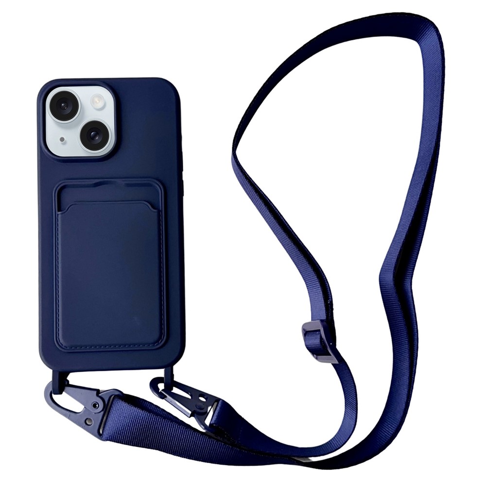 For iPhone 15 Plus Crossbody Lanyard Case Card Slot Liquid Silicone Phone Cover - Dark Blue