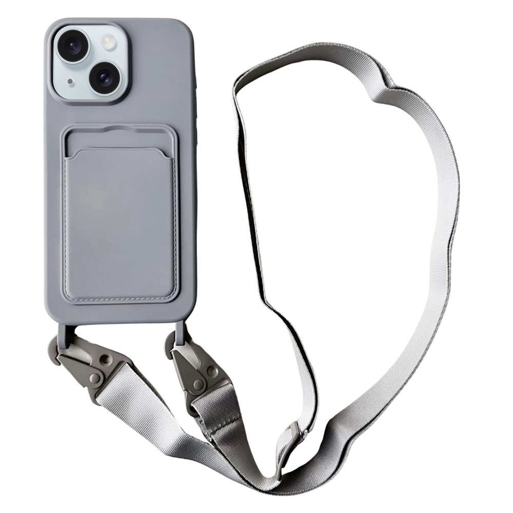 For iPhone 15 Plus Crossbody Lanyard Case Card Slot Liquid Silicone Phone Cover - Grey