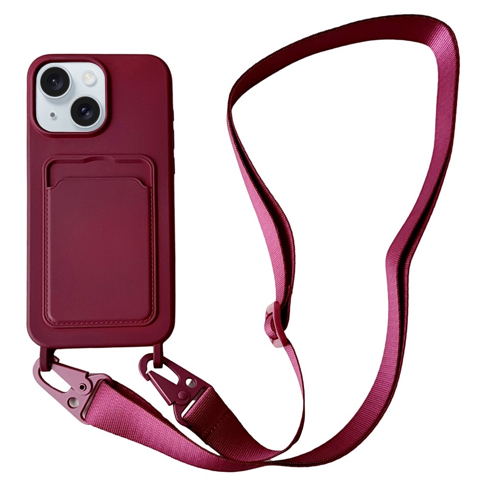For iPhone 15 Plus Crossbody Lanyard Case Card Slot Liquid Silicone Phone Cover - Wine Red