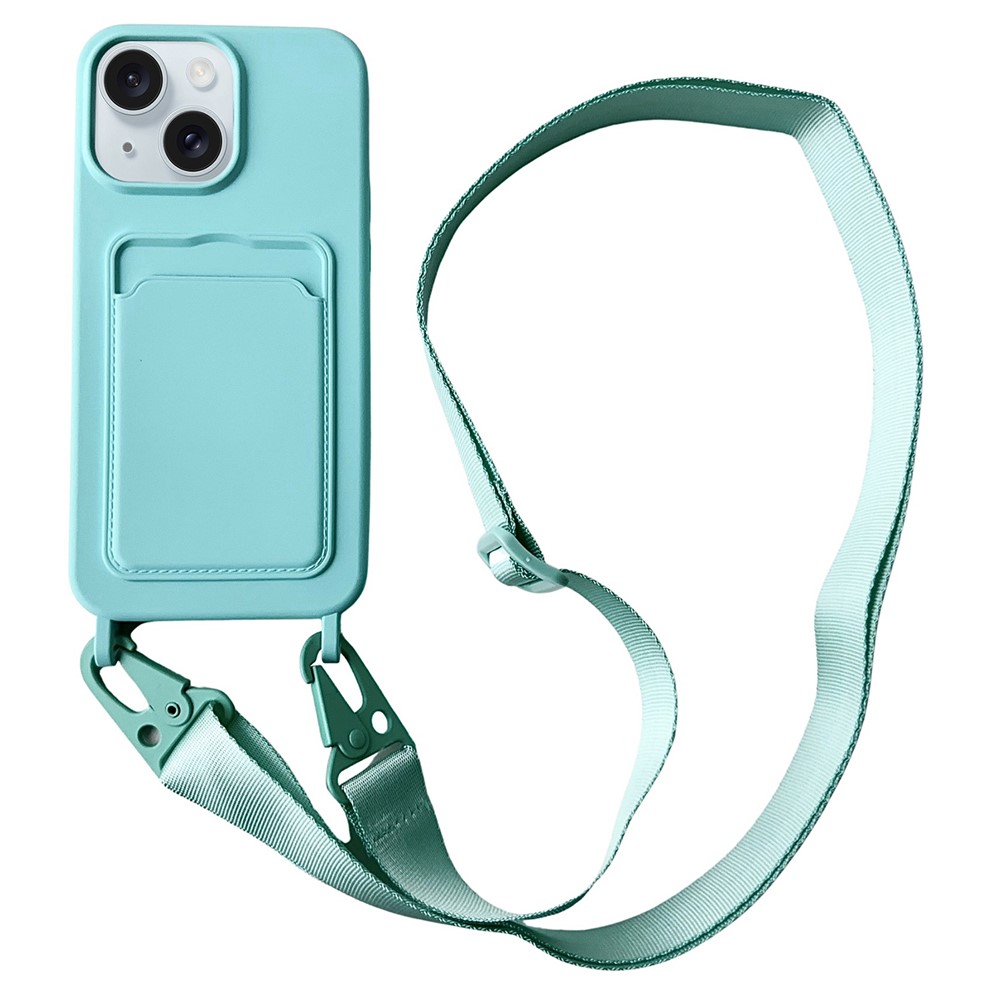For iPhone 15 Plus Crossbody Lanyard Case Card Slot Liquid Silicone Phone Cover - Baby Blue