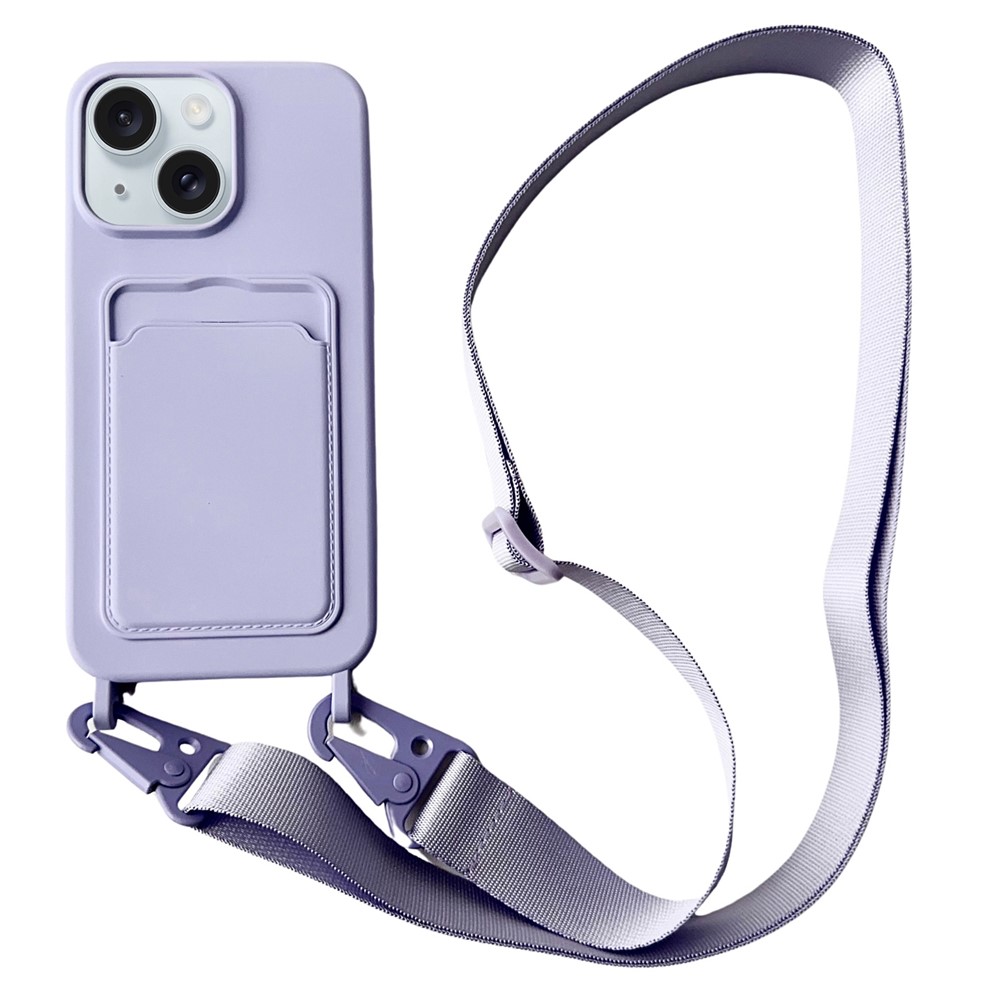 For iPhone 15 Plus Crossbody Lanyard Case Card Slot Liquid Silicone Phone Cover - Purple