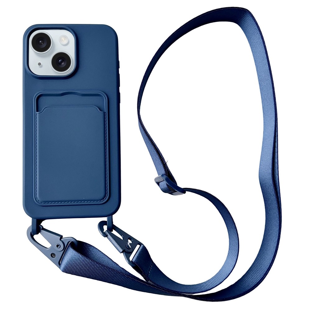 For iPhone 15 Plus Crossbody Lanyard Case Card Slot Liquid Silicone Phone Cover - Navy Blue