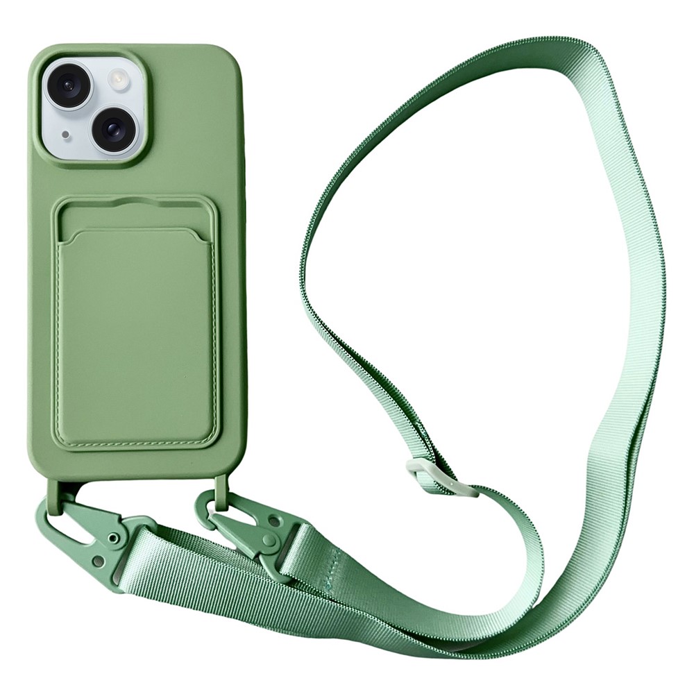 For iPhone 15 Plus Crossbody Lanyard Case Card Slot Liquid Silicone Phone Cover - Light Green