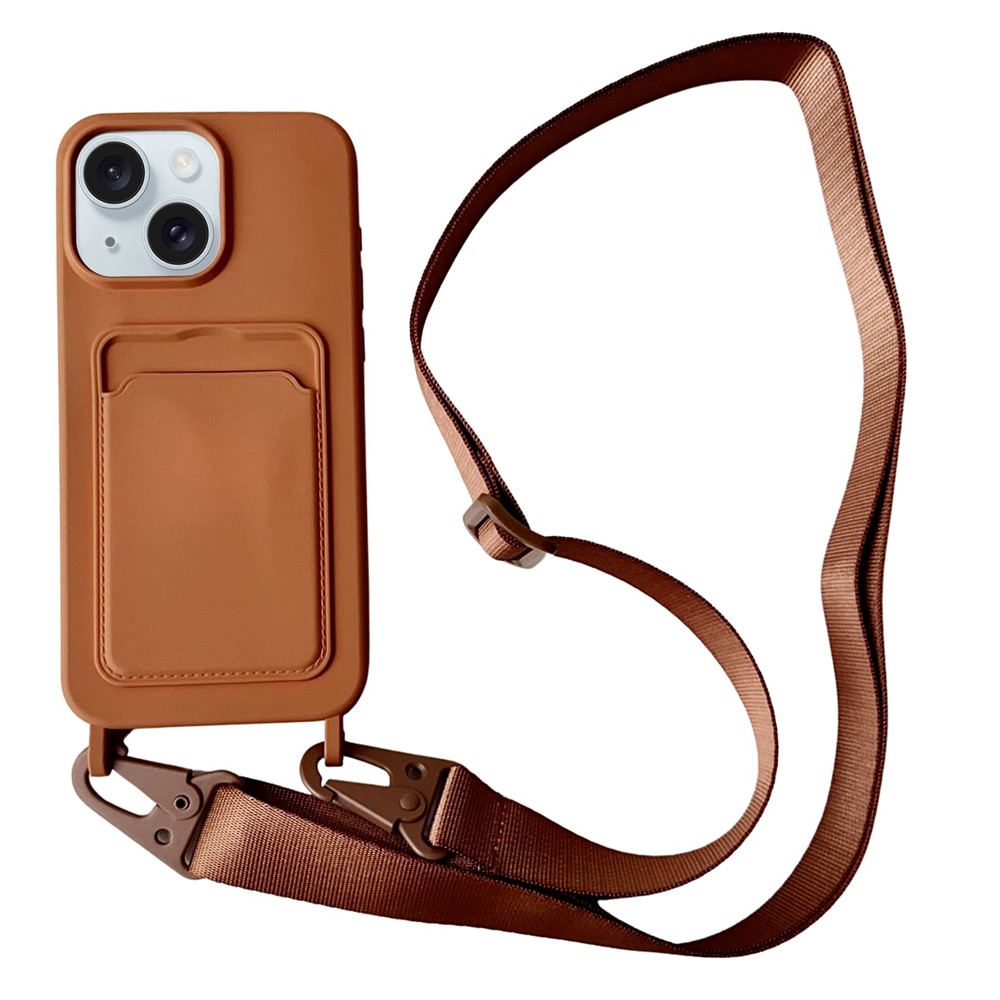 For iPhone 14 Plus Case Liquid Silicone Card Holder Adjustable Strap Phone Cover - Brown