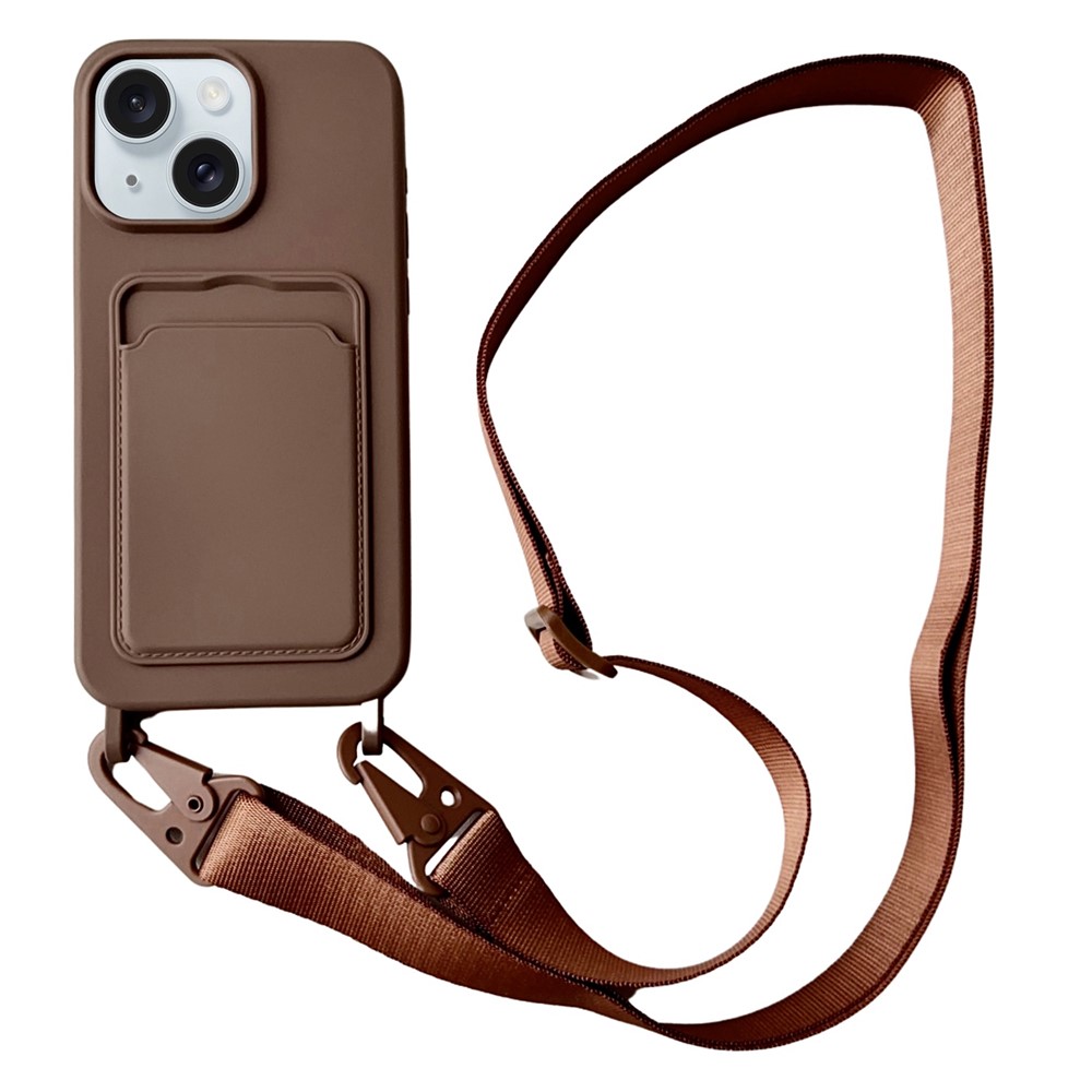 For iPhone 14 Plus Case Liquid Silicone Card Holder Adjustable Strap Phone Cover - Coffee