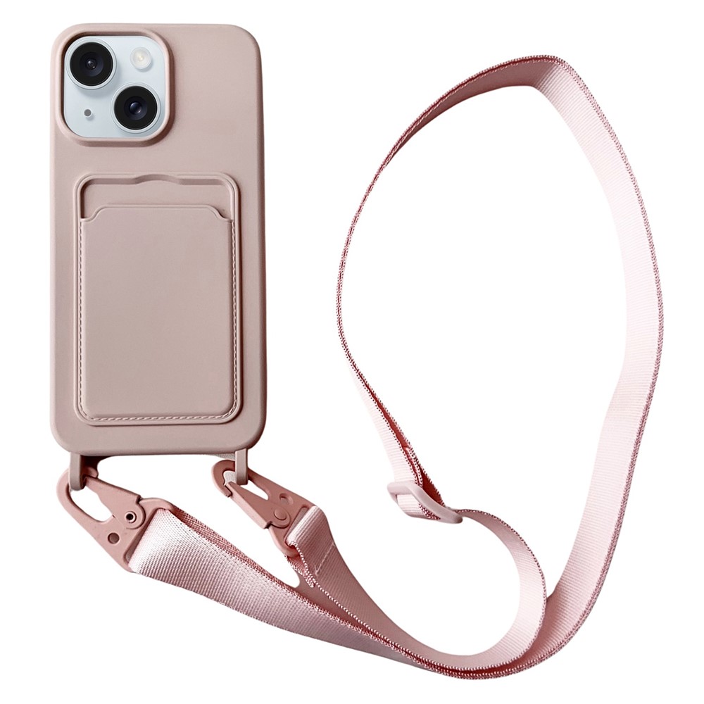 For iPhone 14 Plus Case Liquid Silicone Card Holder Adjustable Strap Phone Cover - Pink