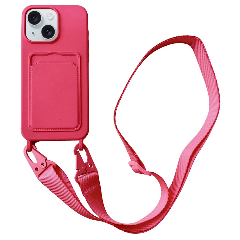 For iPhone 14 Plus Case Liquid Silicone Card Holder Adjustable Strap Phone Cover - Rose