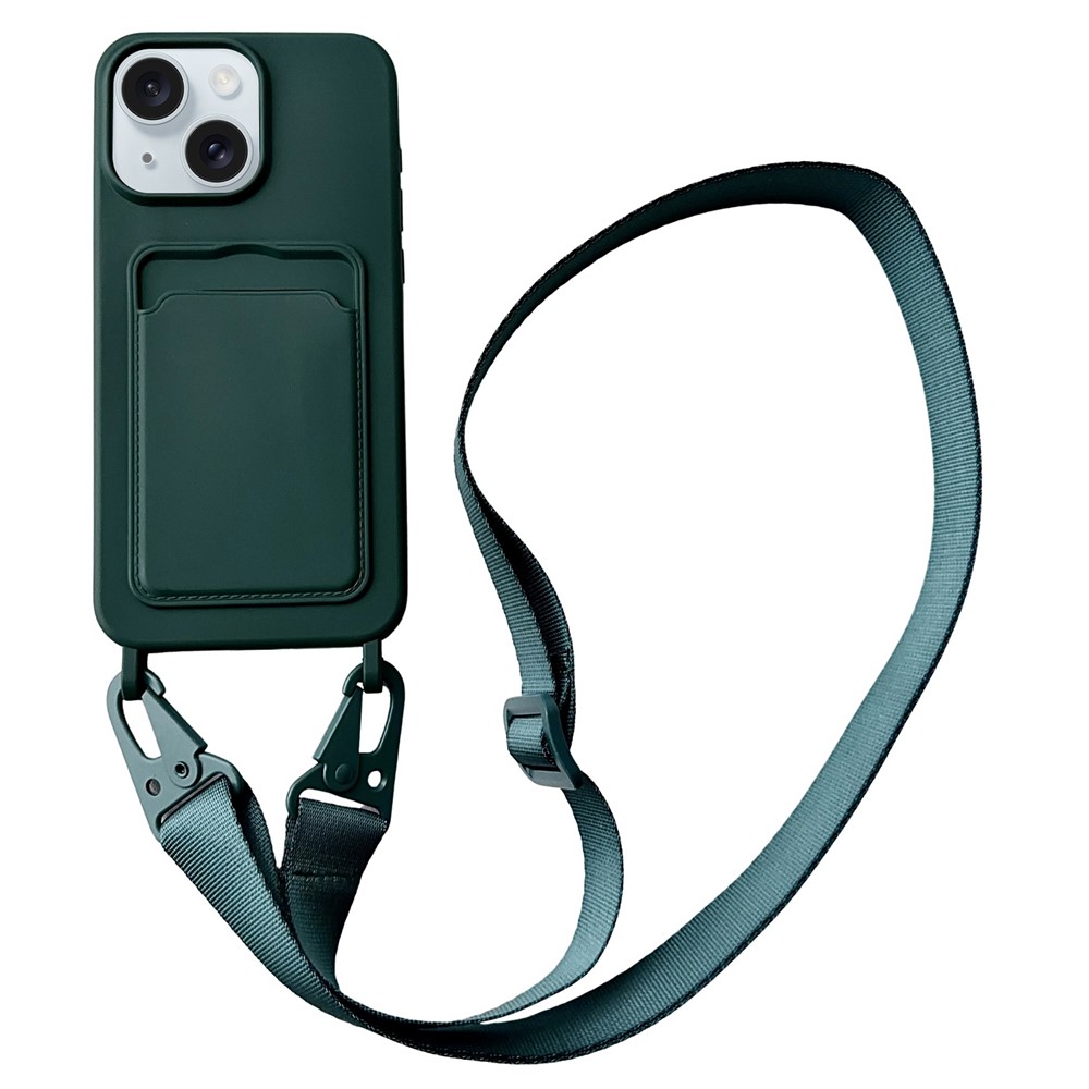 For iPhone 14 Plus Case Liquid Silicone Card Holder Adjustable Strap Phone Cover - Blackish Green