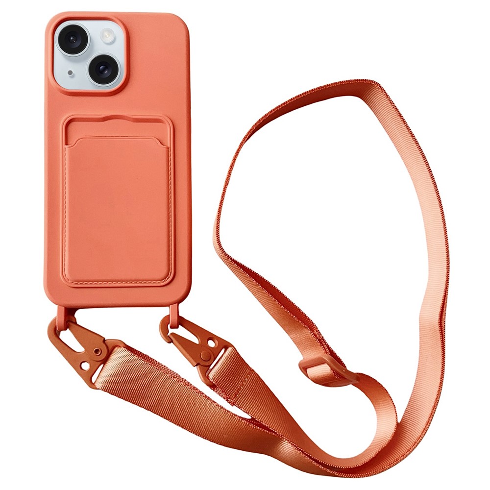 For iPhone 14 Plus Case Liquid Silicone Card Holder Adjustable Strap Phone Cover - Orange