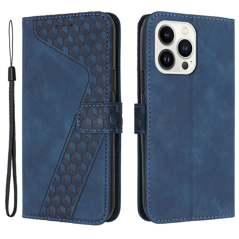 For iPhone 13 Pro PU Leather Phone Case Wallet Anti-Scratch Cover with 7-Shape Imprinted Pattern - Dark Blue