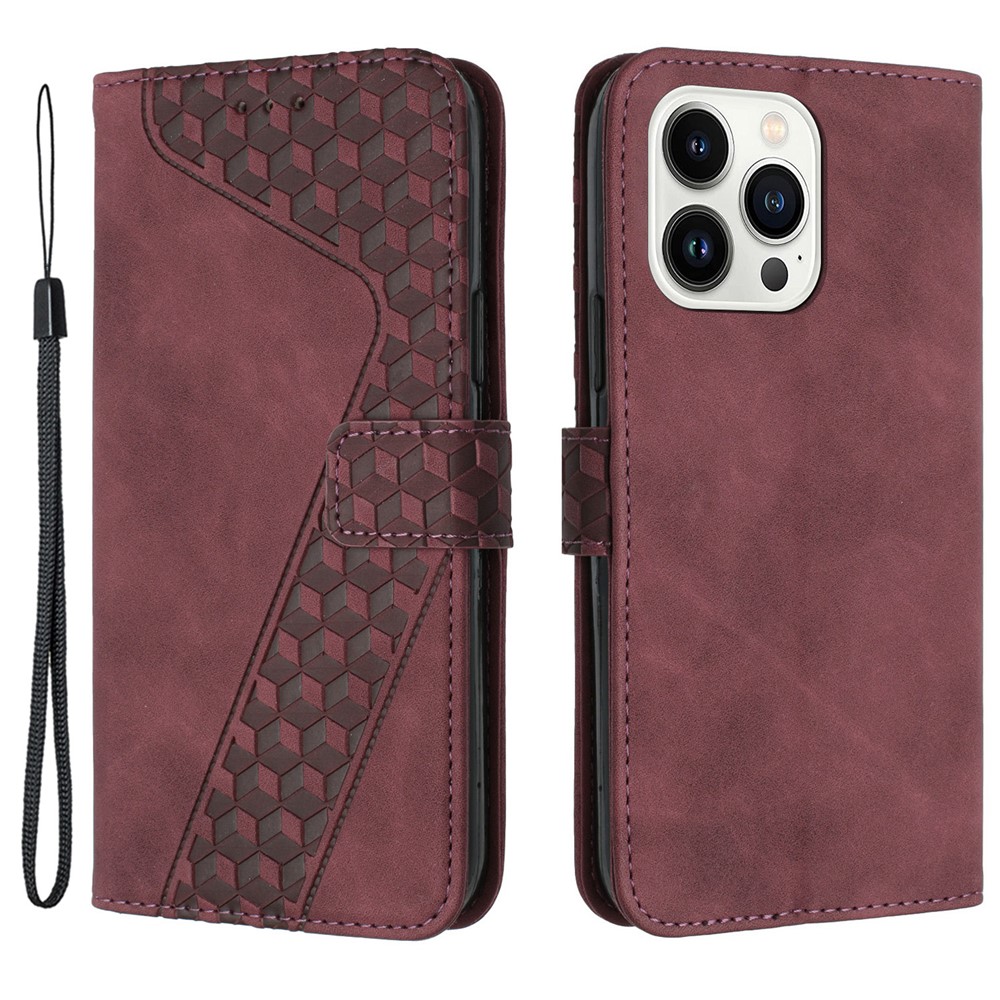 For iPhone 12 Pro 6.1 inch Case PU Leather Phone Wallet 7-Shape Imprinted Anti-scratch Cover - Wine Red