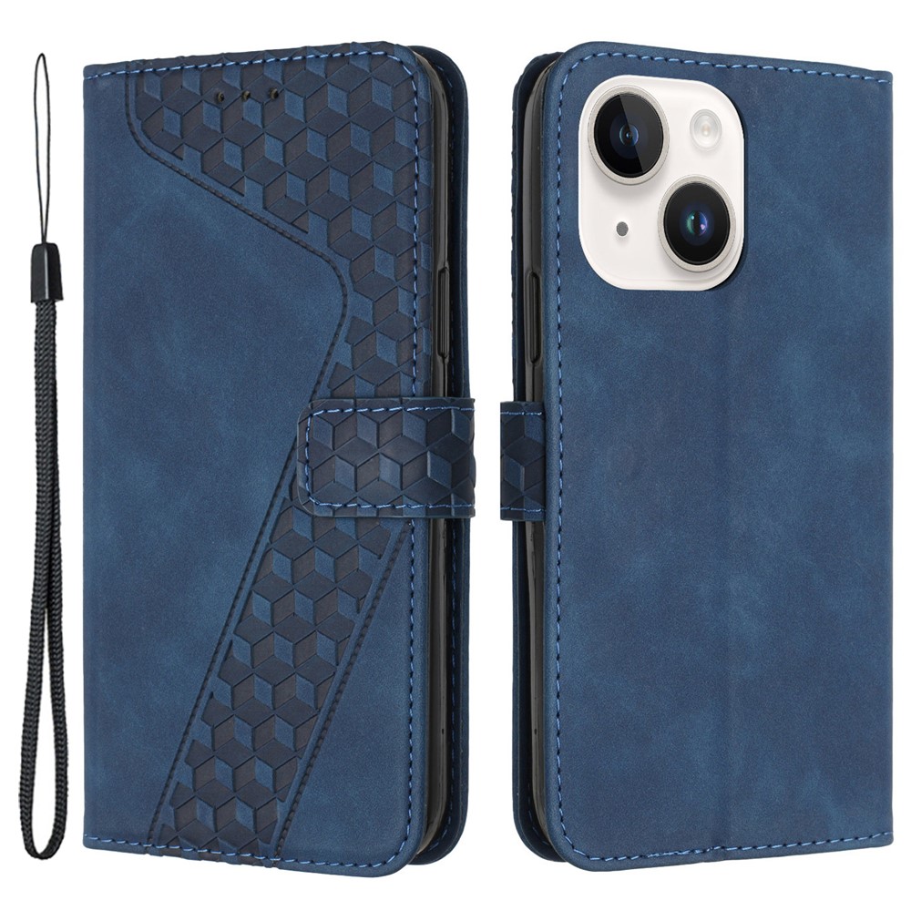 For iPhone 14 Plus Mobile Phone Cases Imprinted 7-Shape PU Leather Wallet Phone Stand Cover - Blue
