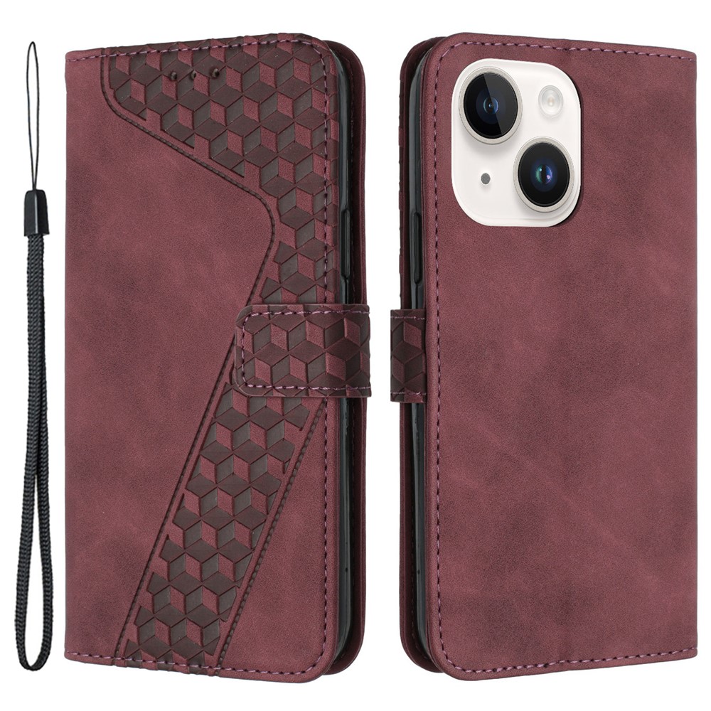 For iPhone 14 Plus Mobile Phone Cases Imprinted 7-Shape PU Leather Wallet Phone Stand Cover - Wine Red