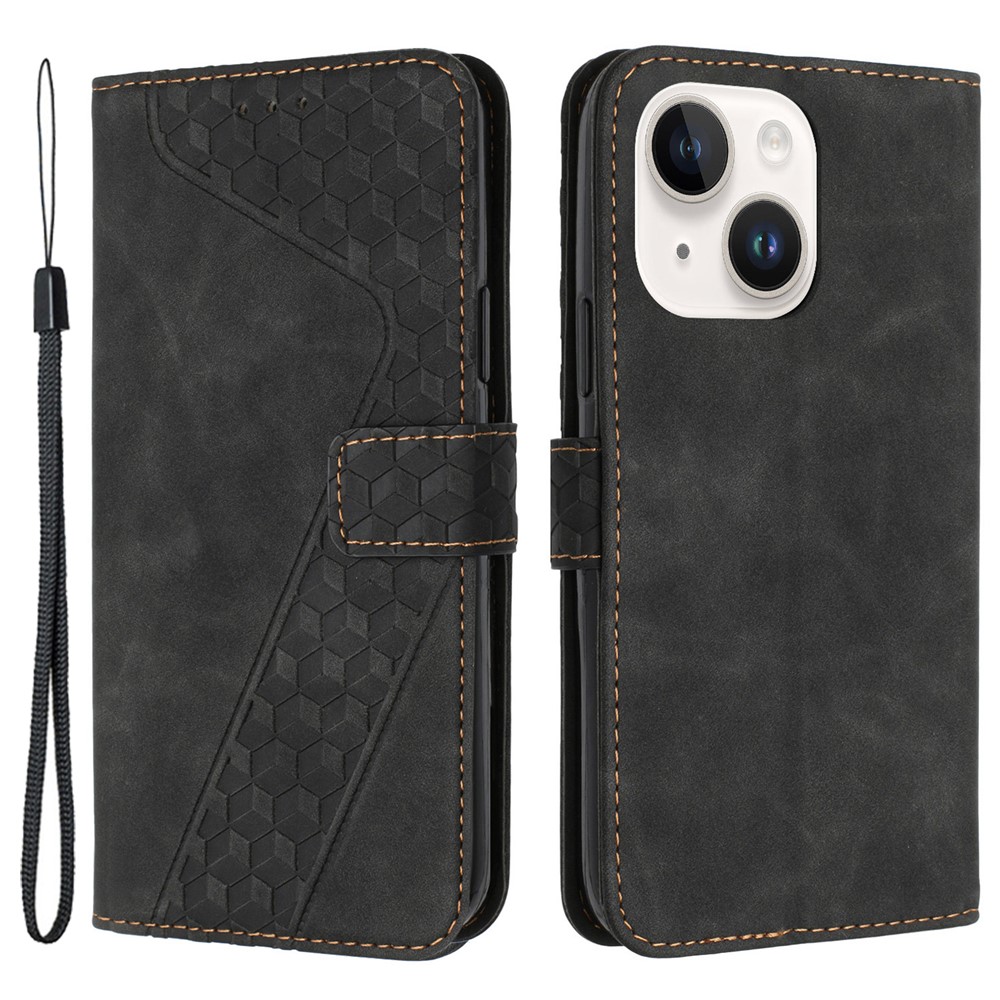 For iPhone 13 mini Case PU Leather Wallet Phone Shell 7-Shape Imprinted Anti-scratch - Black