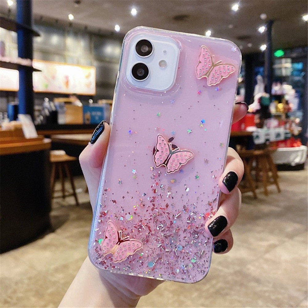 For iPhone 11 Case TPU Phone Protective Cover Sequins Epoxy Butterfly Design - Pink