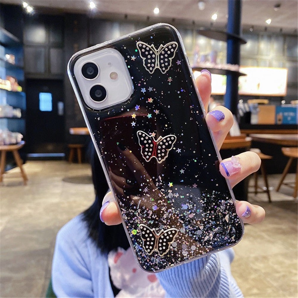 For iPhone 11 Case TPU Phone Protective Cover Sequins Epoxy Butterfly Design - Black