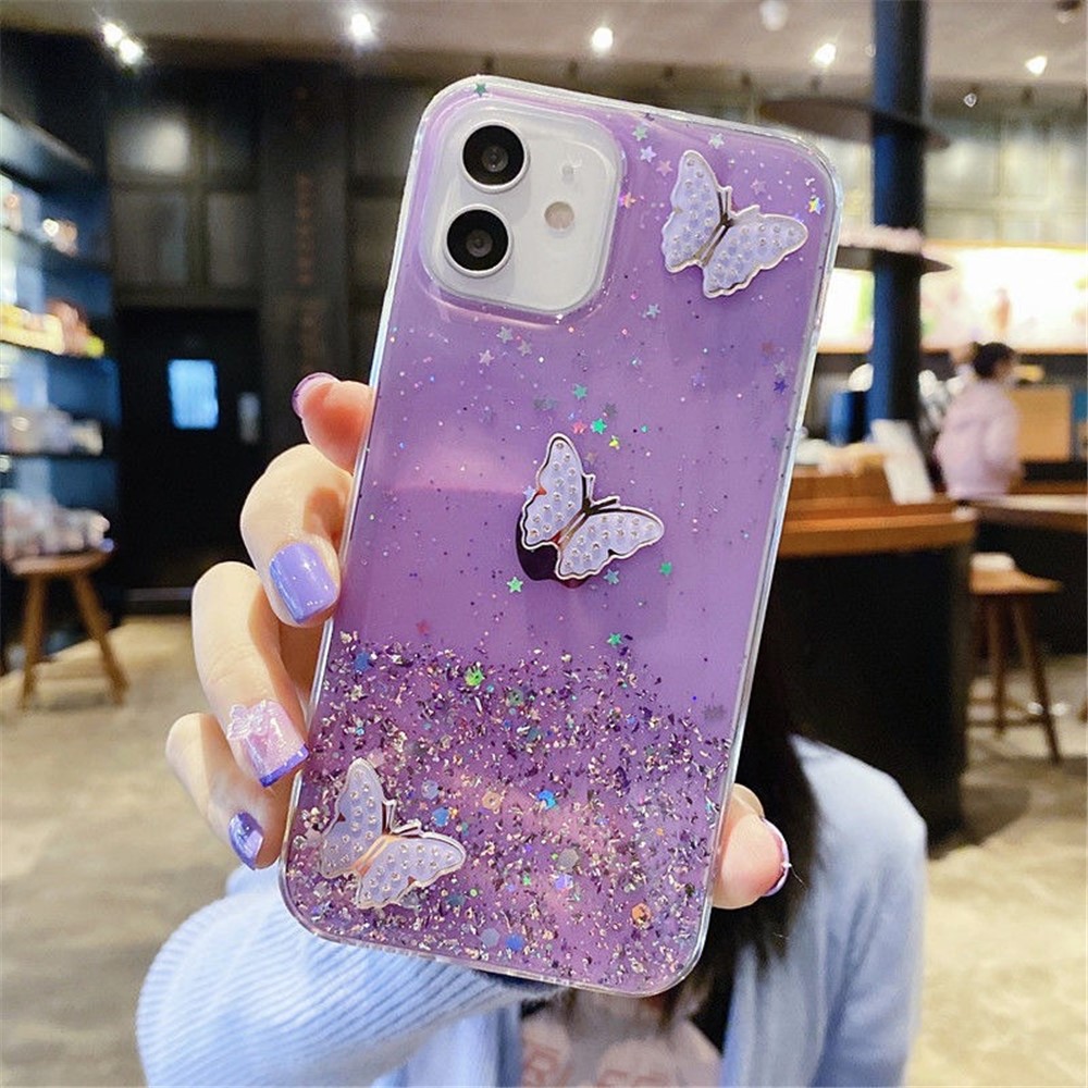 For iPhone 11 Case TPU Phone Protective Cover Sequins Epoxy Butterfly Design - Purple