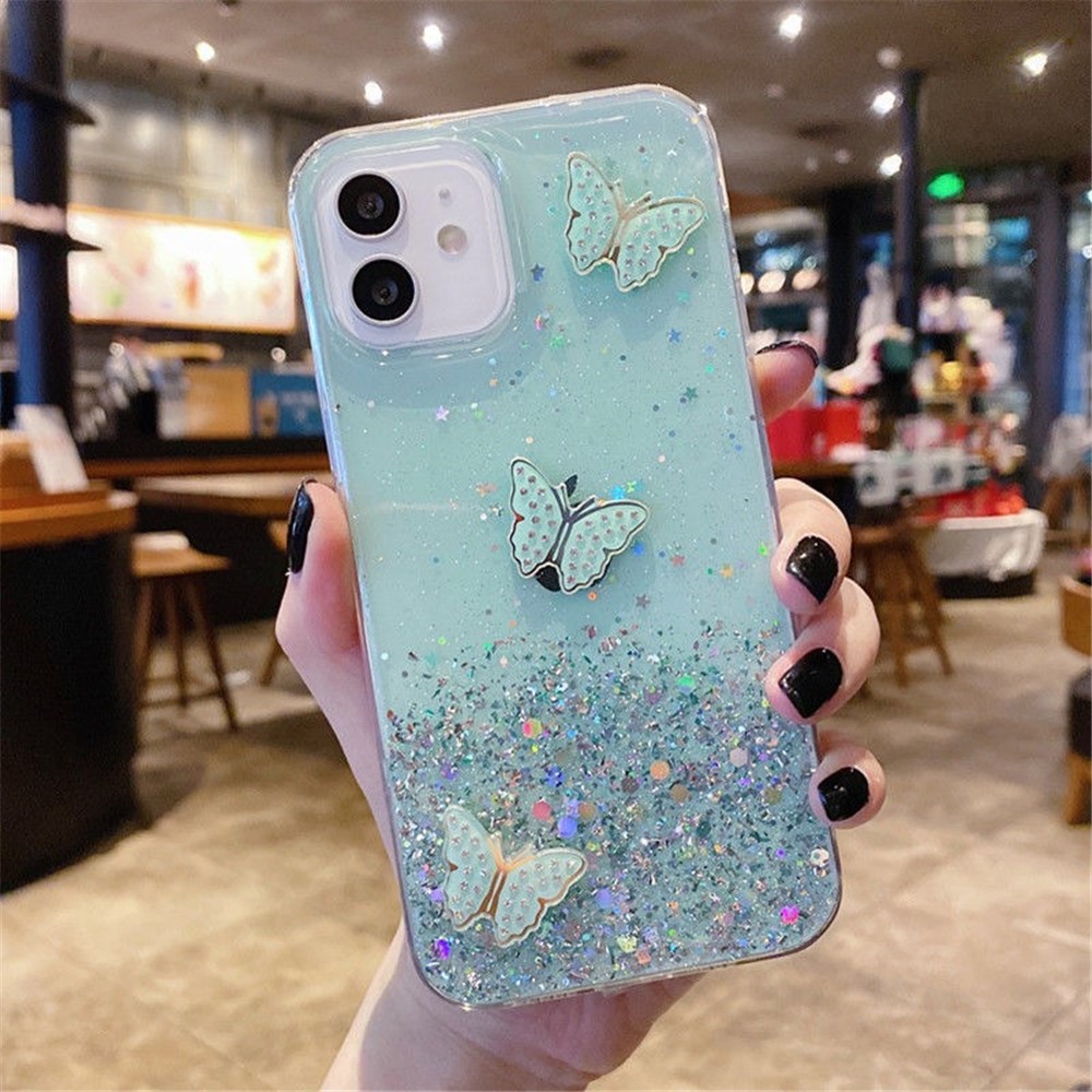 For iPhone 12 Cover Sequins Decor Epoxy Butterfly TPU Phone Case - Green