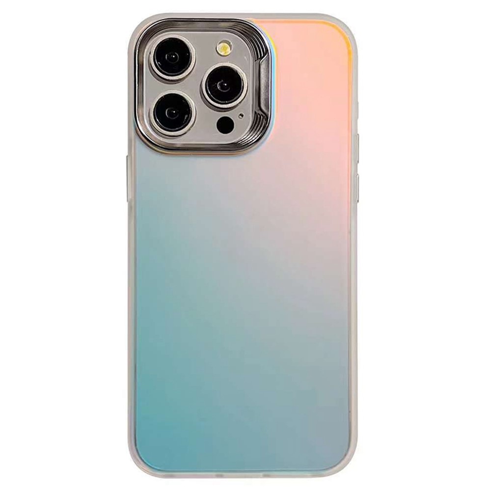 For iPhone 13 Pro Max Case Laser Effect Gradient PC+TPU Phone Cover Electroplating Lens Frame - Silver White
