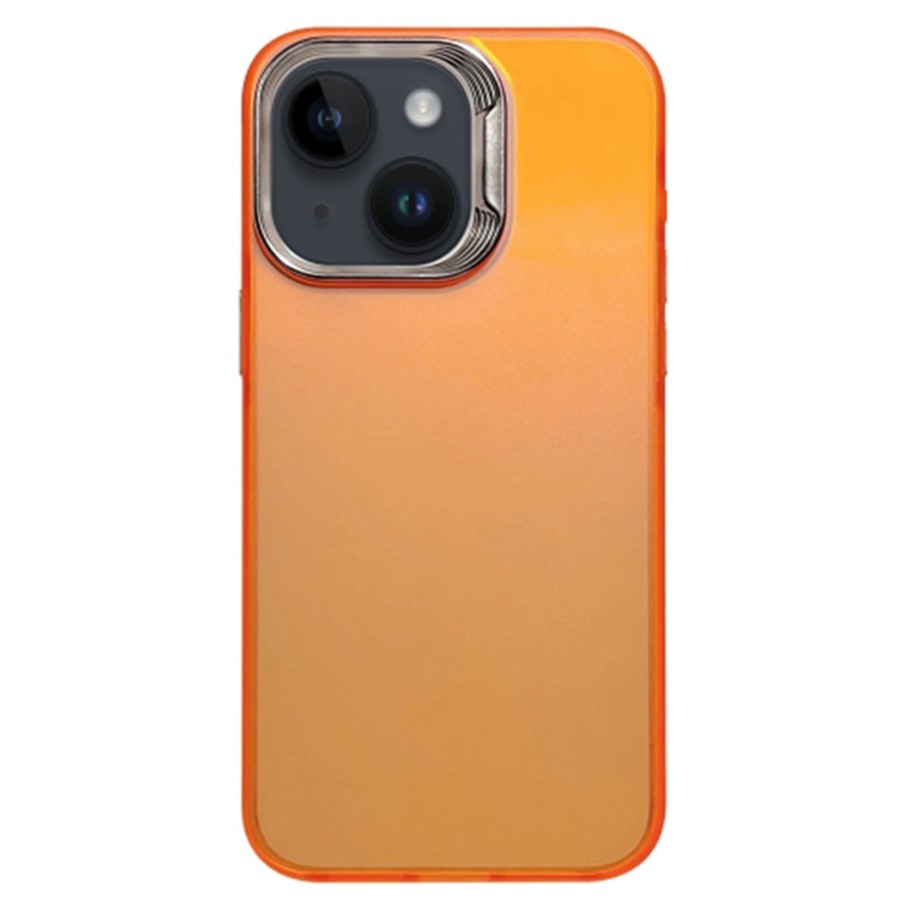 For iPhone 15 Plus Gradient Case Electroplating Lens Frame Laser Effect PC+TPU Phone Cover - Orange