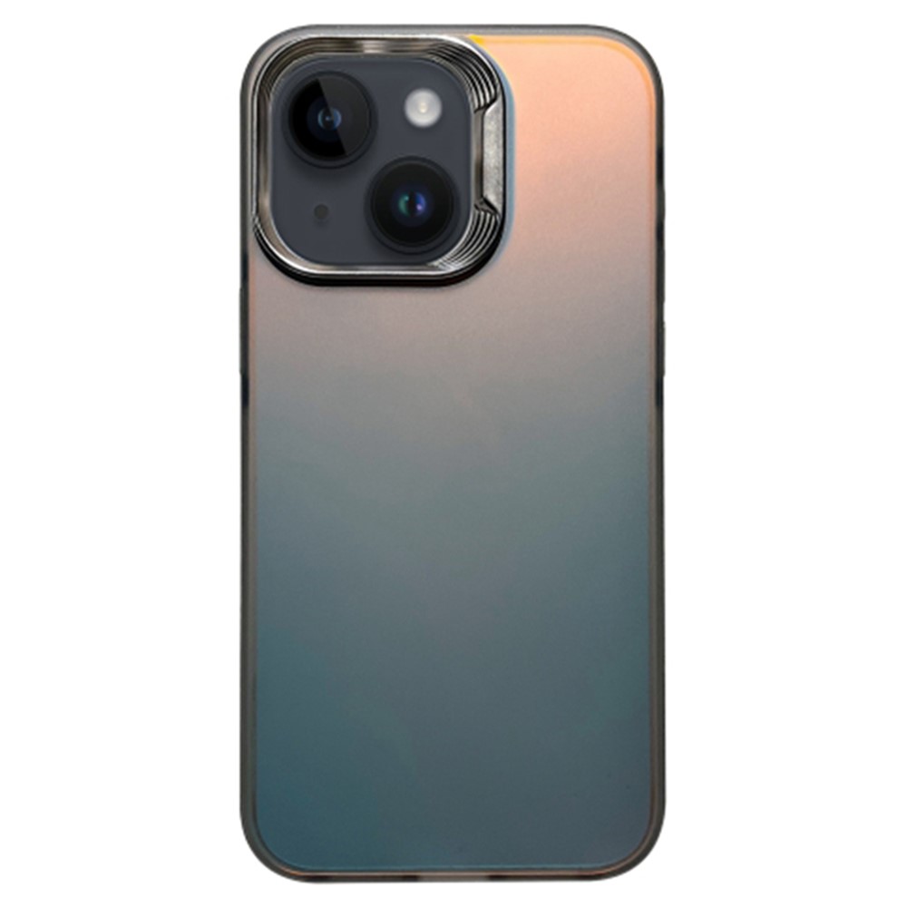 For iPhone 15 Plus Gradient Case Electroplating Lens Frame Laser Effect PC+TPU Phone Cover - Grey