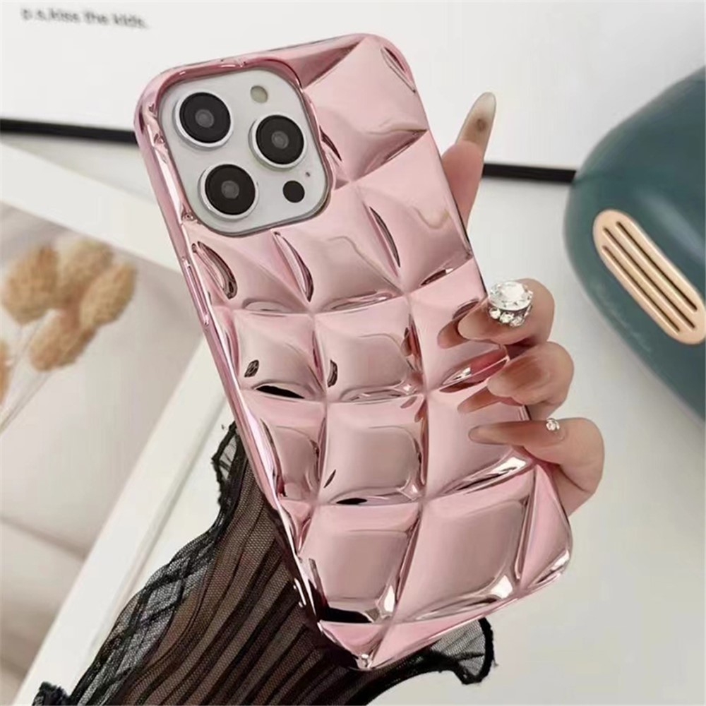 For iPhone 13 Pro Max Case Rhombus Grid Electroplating Soft TPU Phone Cover - Pink